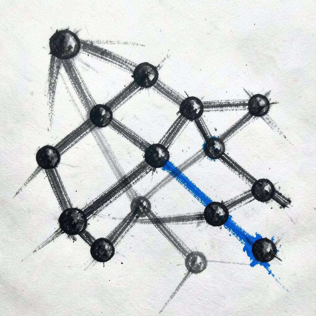 A bold charcoal drawing of a connected network of nodes and pathways, rendered in deep grays and soft whites against a textured paper background, conveying interconnection and discovery.