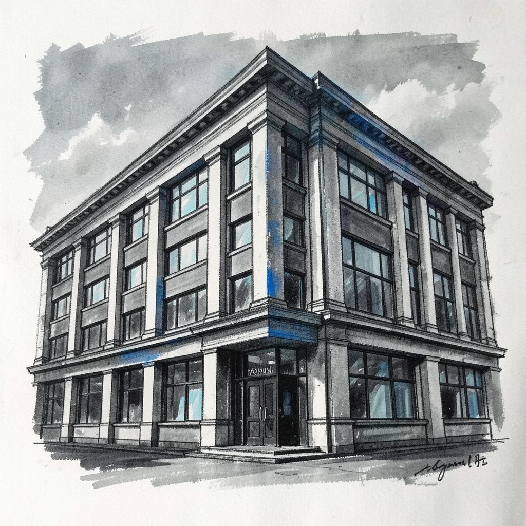 A bold charcoal drawing of a classic office building facade with large windows and a welcoming entrance, rendered in deep grays and soft whites on textured paper