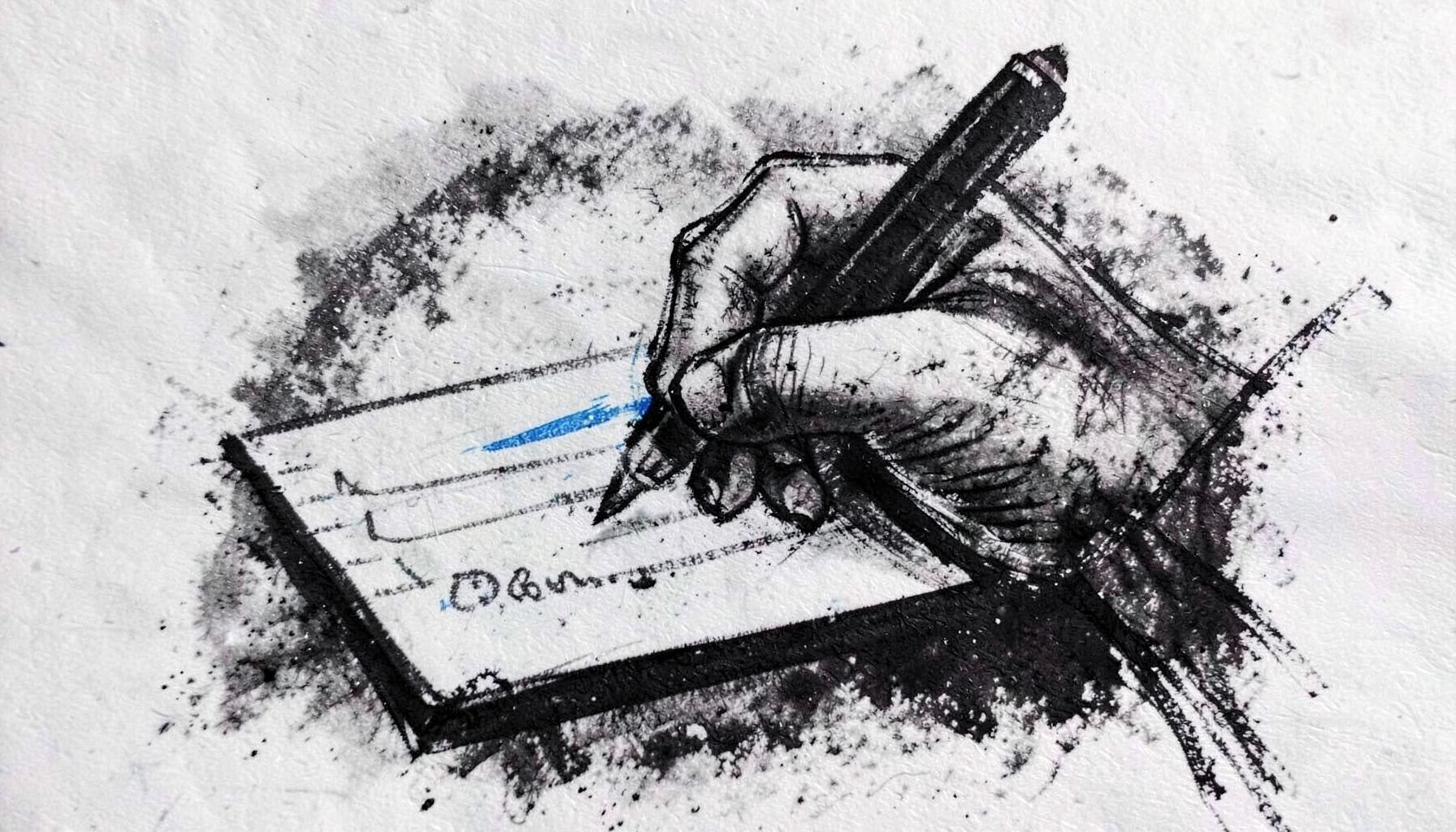 A bold charcoal drawing of a hand holding a pen over a comment card, with dark expressive lines and smudged gray tones on textured paper