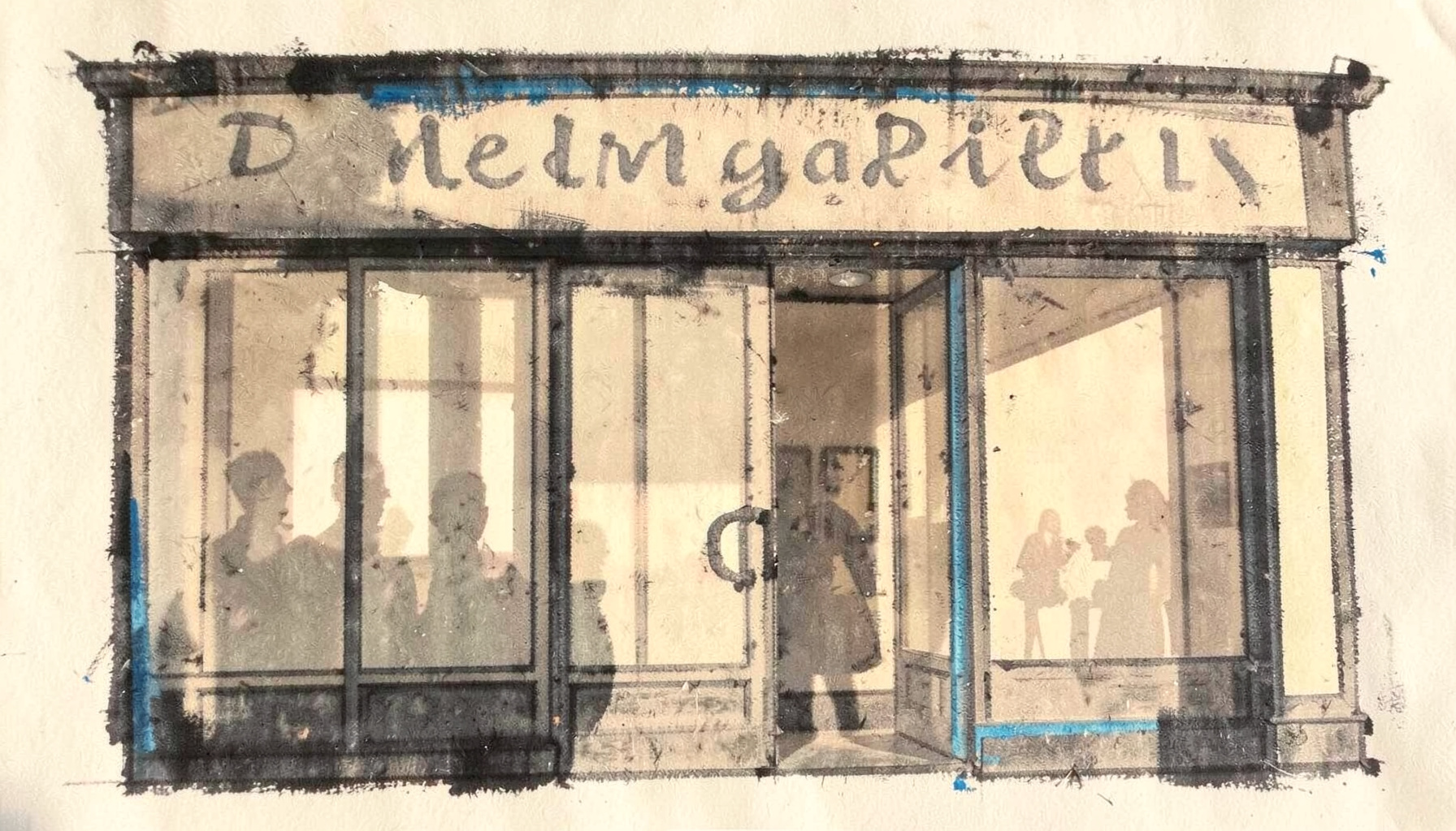 A storefront with large glass windows reflecting soft afternoon light, warm beige and cream tones, with subtle signage